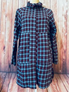 Women’s Medium Tunic Vitamin Snap Button Down Flannel Red Grey Large Pockets